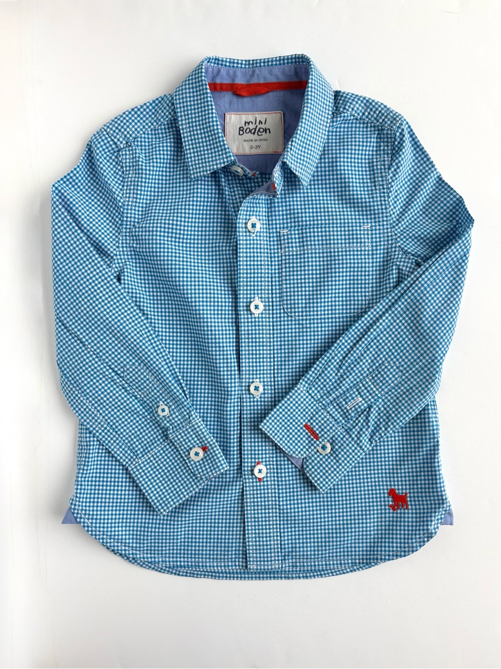 Mini Boden Gingham Button Down Shirt Blue White Boys 2–3Y Preppy Classic